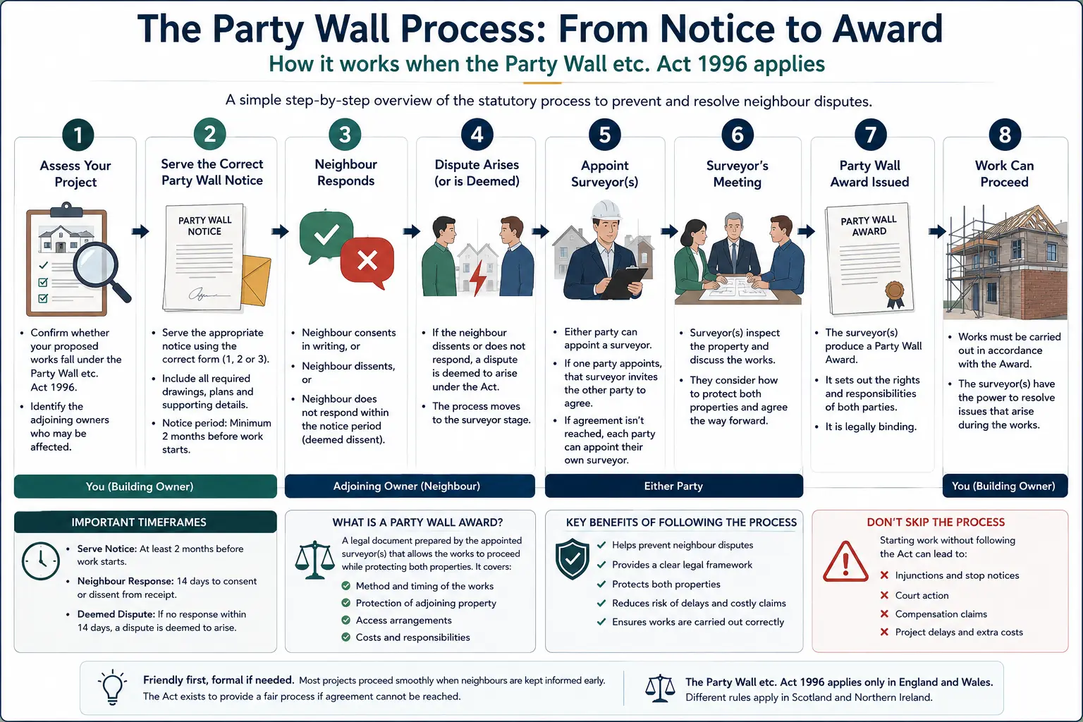 Do I Need a Party Wall Agreement? An infographic showing the party wall process from notice to award in a very interactive way for the citizens living in Staines, UK