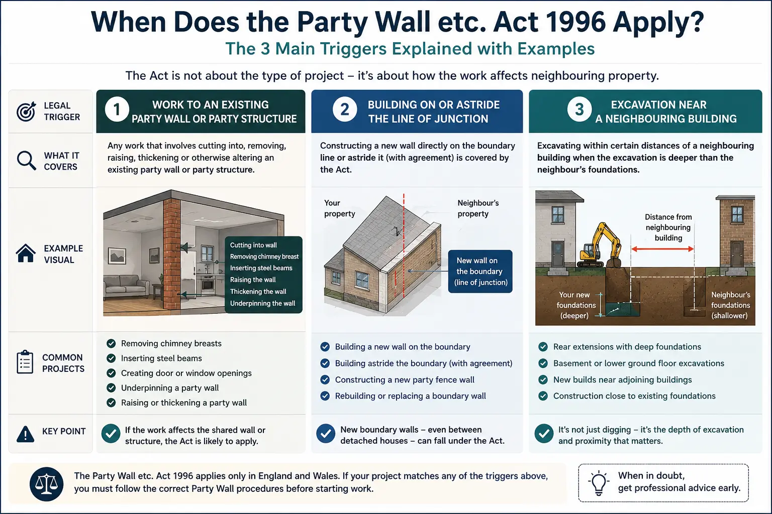 Do I Need a Party Wall Agreement? An infographic showing when does the party wall etc act 1996 apply like excavation, junction, painting, in Staines, UK